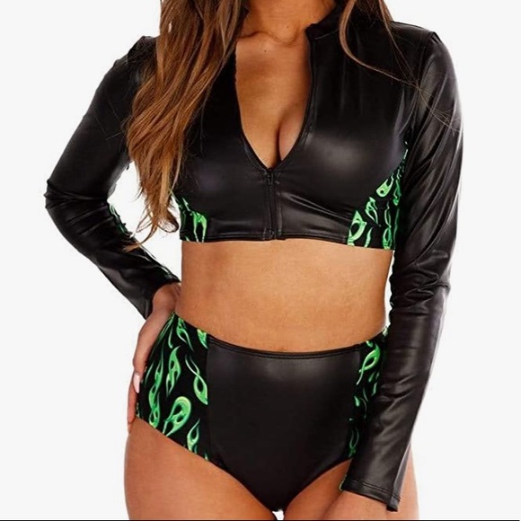 iHeartRaves Other - IHeartRaves | 2pcs green fire print long sleeve and high waist underwear